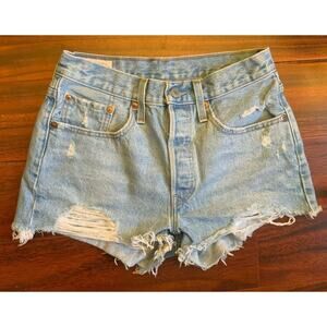 Levi’s 501 Womens Denim Jean Shorts 26 High Rise Distressed Blue Button Up